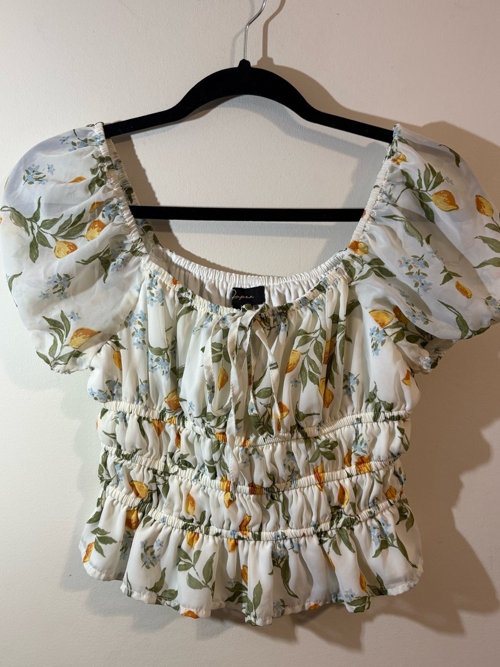 Japna crop top women’s medium white yellow lemon blouse tie front Puff Sleeve